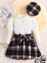 Girl's Trendy 3pcs, Ribbed Long Sleeve Top & Hat & Belted Skirt Set, Plaid Pattern Casual Outfits, Kids Clothes For Spring Autumn