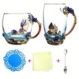 Elegant Ramadan Rose Enamel Glass Tea Cup with Spoon - BPA-Free, Crystal-Embellished Mug for Hot Drinks, Ideal Gift
