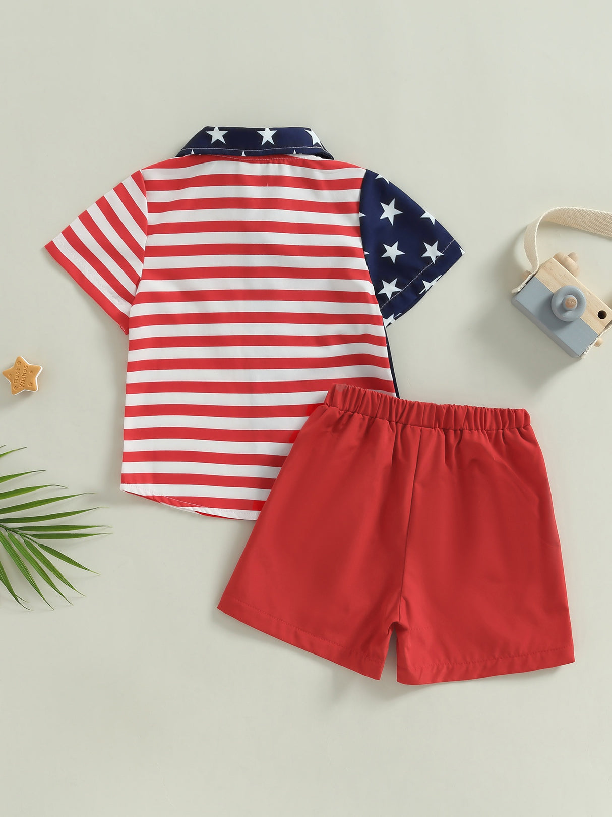 Toddler Boys Summer Short Sleeve Outfits 2pcs 4th of July Red Clothes, Stars and Stripes Print Shirt + Shorts Set for Casual Streetwear, for Outdoor