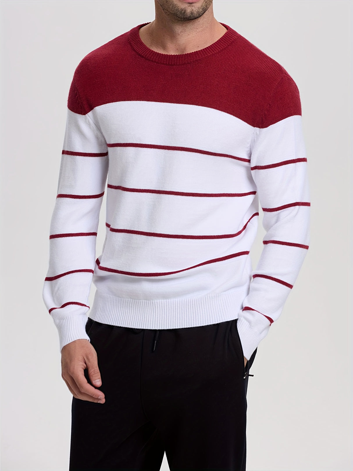 1pc Men'S Casual Viscose Sweater - Crew Neck Striped Pullover with Medium Stretch Knit Fabric, Regular Fit Sports Sweater - For Men - Suitable for Casual Wear, Sports & Everyday - Perfect Gift for Boyfriend & Father