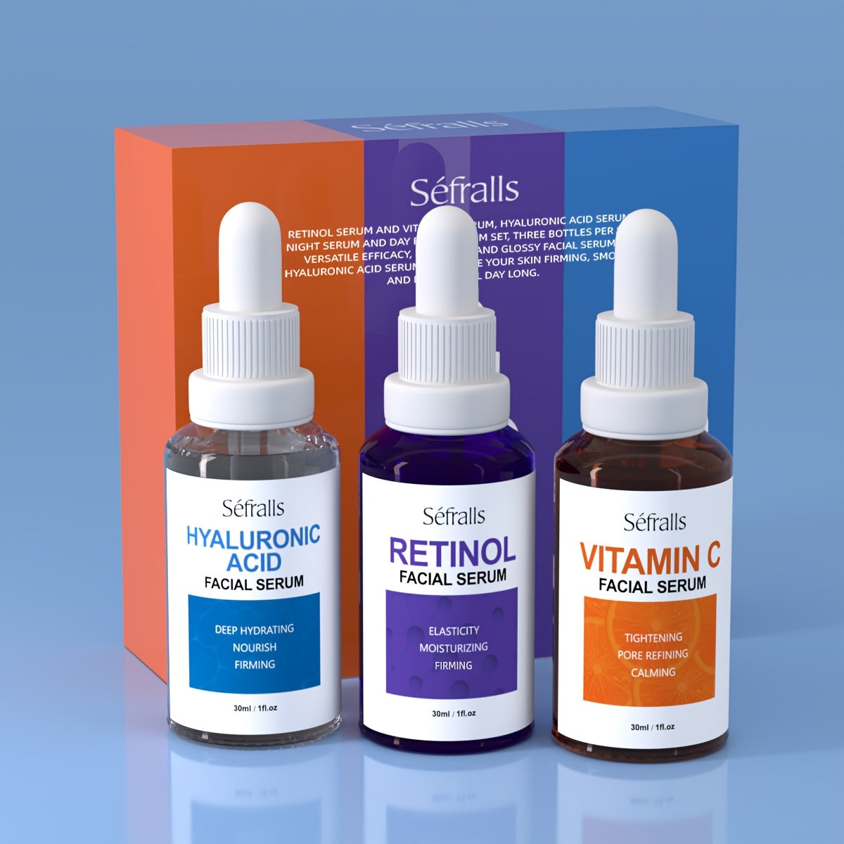 Seffralls Hyaluronic Acid VC Essence Set 1.01oz*3pcs with Vitamin-C Vitamin-A and Hyaluronic Acid Serum for Glistening, Firming Hydrating Dry Skin Serum for Firm Gift Festival Travel Set