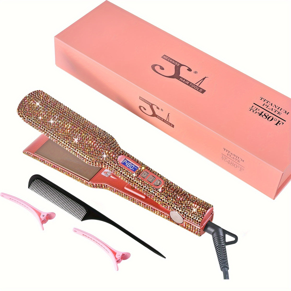 Hair Straightener, Crystal Rhinestone Decor Professional Hair Straightener Flat Iron, 1.7 Inch Titanium Flat Iron Straightening Iron, High Heat 480 °F, Bling Titanium Hair Flat Iron