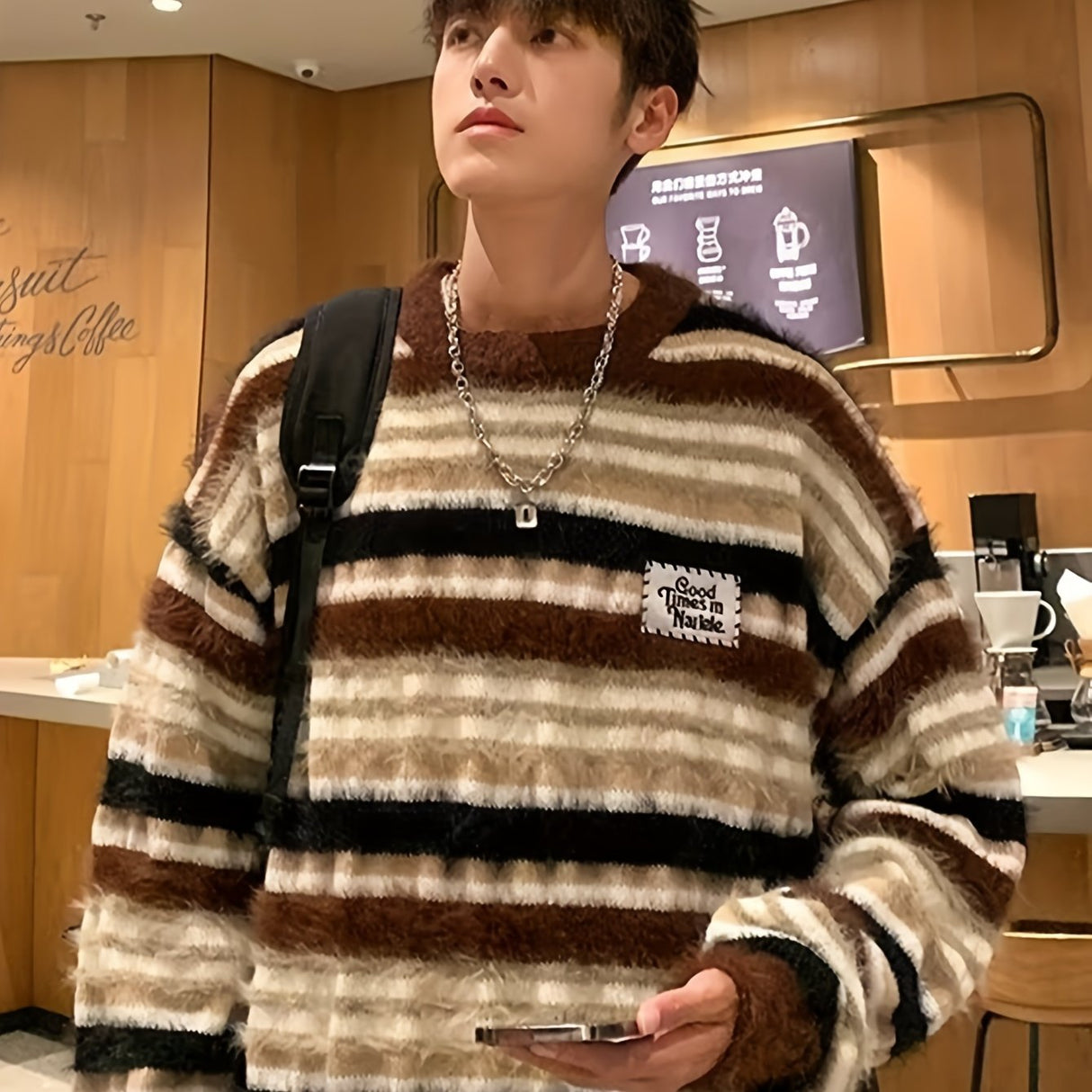 Cozy Striped Knit Sweater for Men - Casual Loose Fit, Color Block Design, Perfect for Fall/Winter