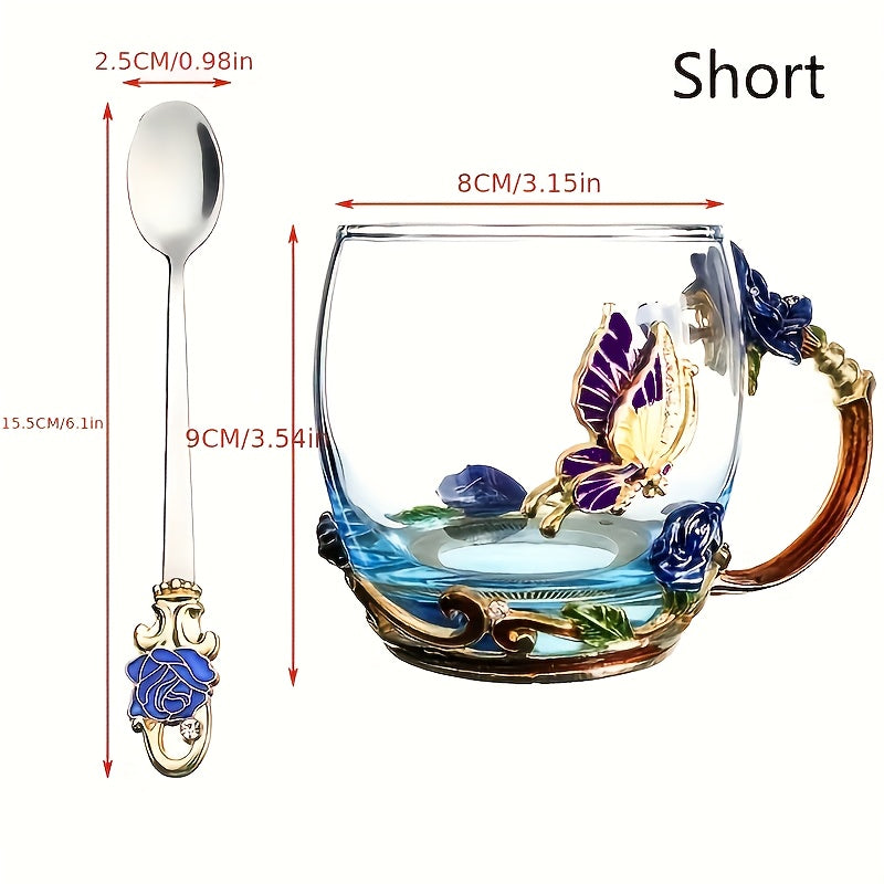 Set, Elegant Flower Pattern Tea Cup With Coaster And Spoon, 350ml/11.8oz Clear Glass Coffee Mug Set - Coffee Cups, Water Cups - For Summer & Winter - Suitable for Home & Office - Perfect Gift for Birthday