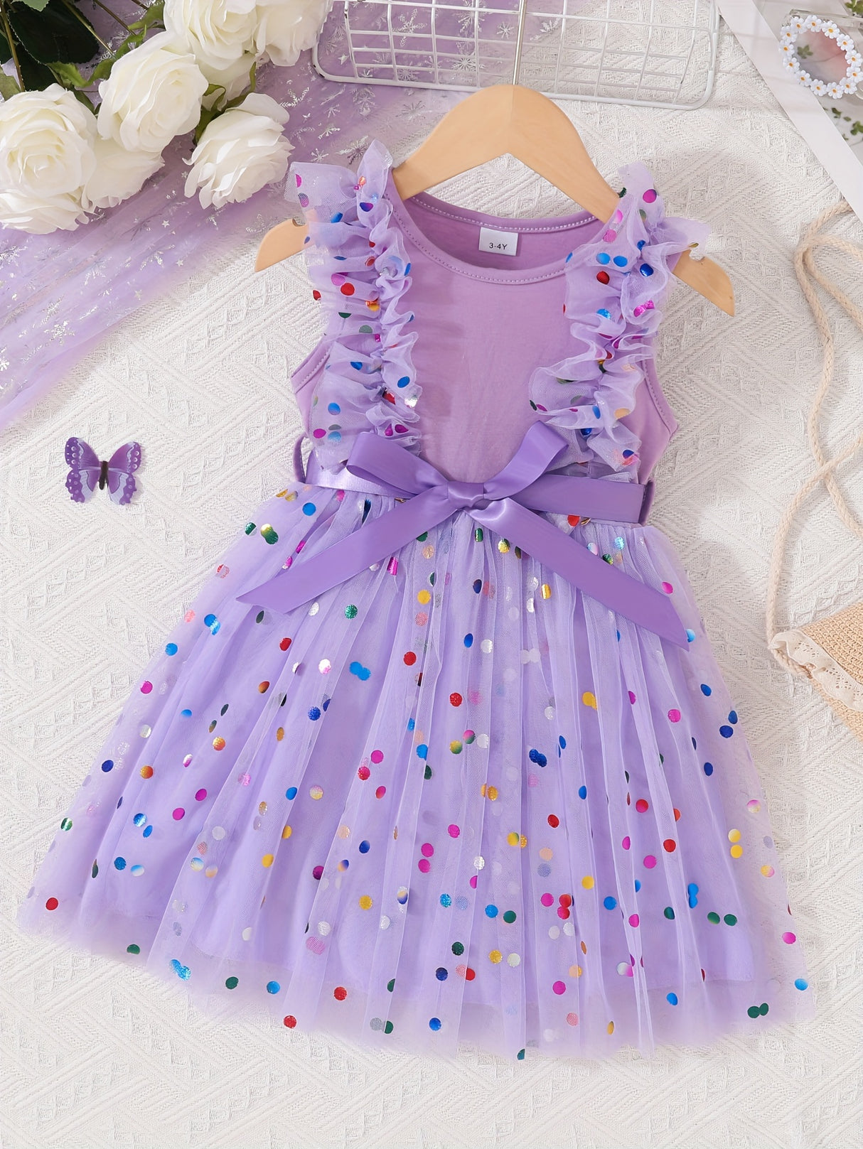 Vibrant Colorful Dot Pattern Flutter Sleeve Crew Neck Mesh Dress - Flowy Sleeves, Breathable Fabric, Matching Belt - Perfect Summer Gift for Little Girls and Princesses, Girls Clothing Collection