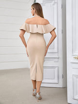 Elegant Bodycon Mermaid Dress for Women, Polyester 95% Elastane 5% Knit Fabric, Solid Color, Criss-Cross Shoulder with Ruffle Detail, Lace Back Split, Perfect for Evening Party - 550 g/m²