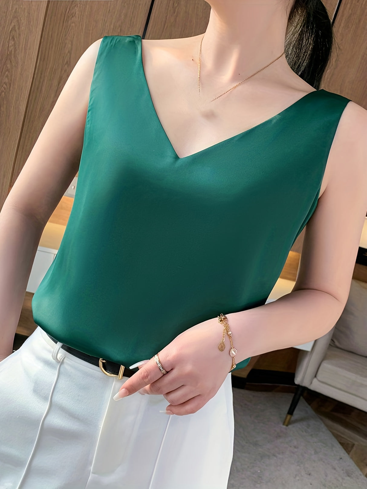 Elegant Summer V-Neck Tank Top for Women: Chic Sleeveless, Sexy Slingback Design, Polyester-Spandex Blend