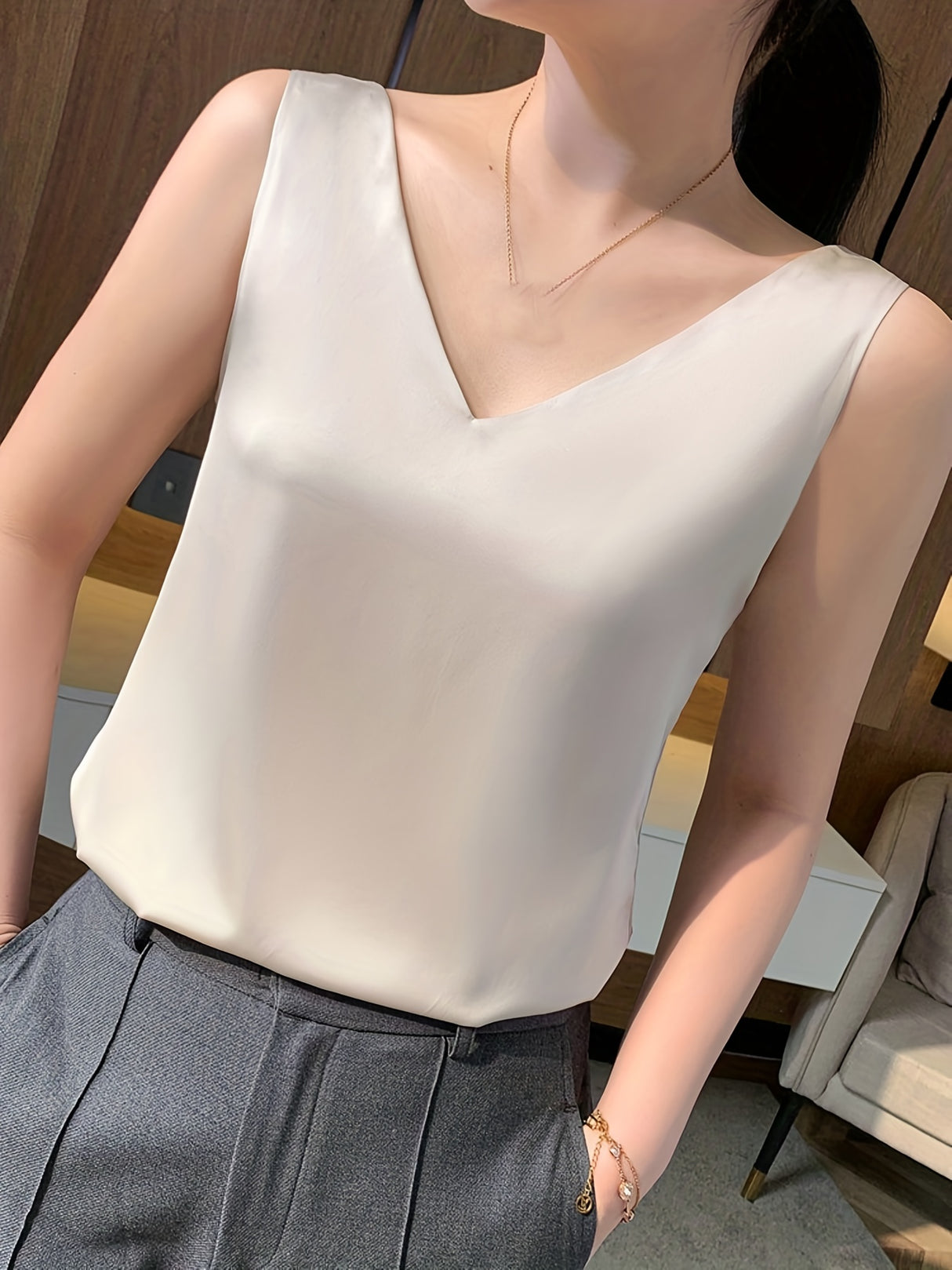 Elegant Summer V-Neck Tank Top for Women: Chic Sleeveless, Sexy Slingback Design, Polyester-Spandex Blend