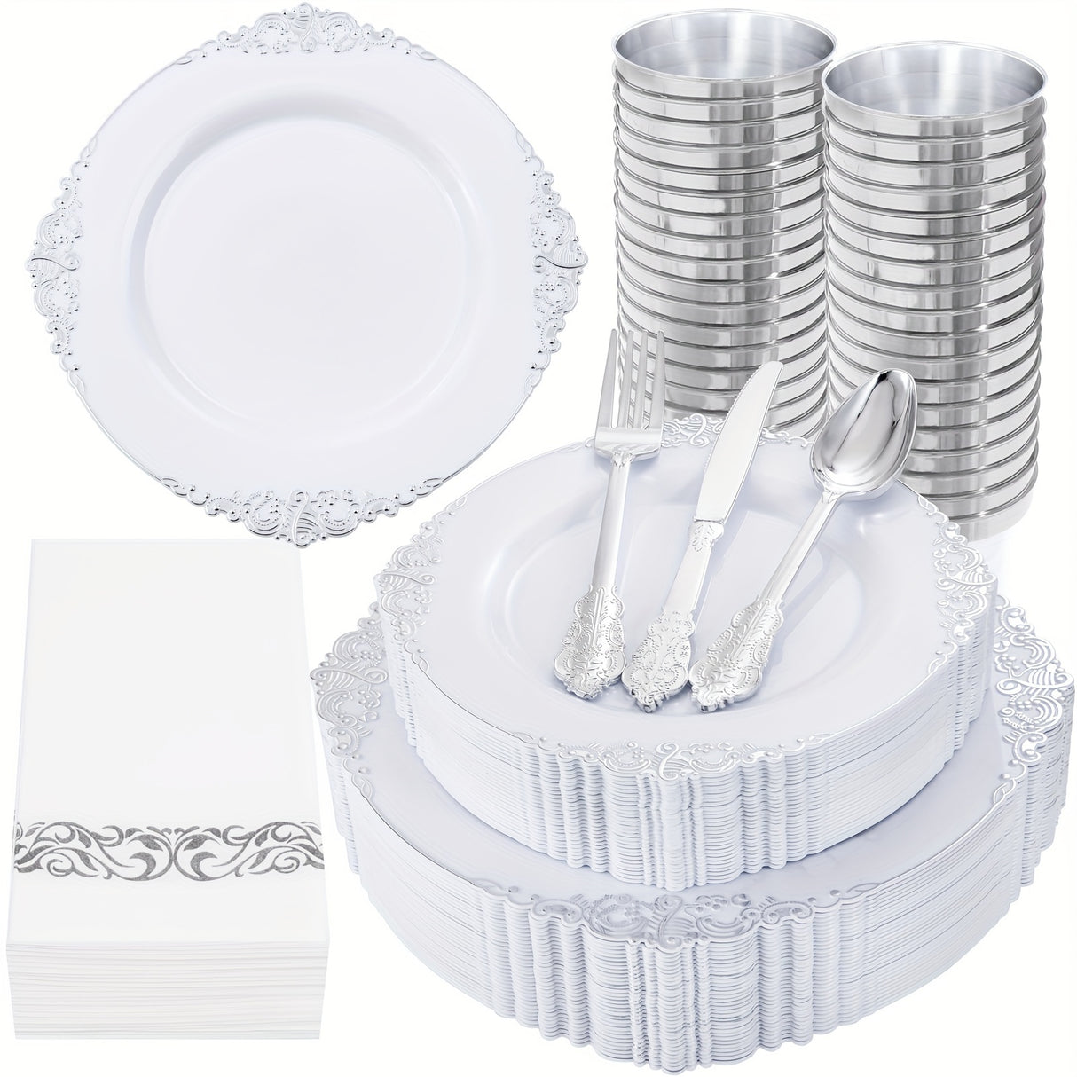 350PCS Pink and Golden Plastic Plates - Pink Plastic Dinnerware Sets for 50 Guests - 100 Pink Disposable Plates, 150 Golden Plastic Silverware, 50 Cups, 50 Napkins for Wedding & Mother's Day
