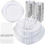 350PCS Pink and Golden Plastic Plates - Pink Plastic Dinnerware Sets for 50 Guests - 100 Pink Disposable Plates, 150 Golden Plastic Silverware, 50 Cups, 50 Napkins for Wedding & Mother's Day