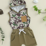 0-3T Toddler Boys Summer Outfits Camouflage Hooded Sleeveless Tank Tops Elastic Waist Shorts Cute Clothes Set, for Outdoor