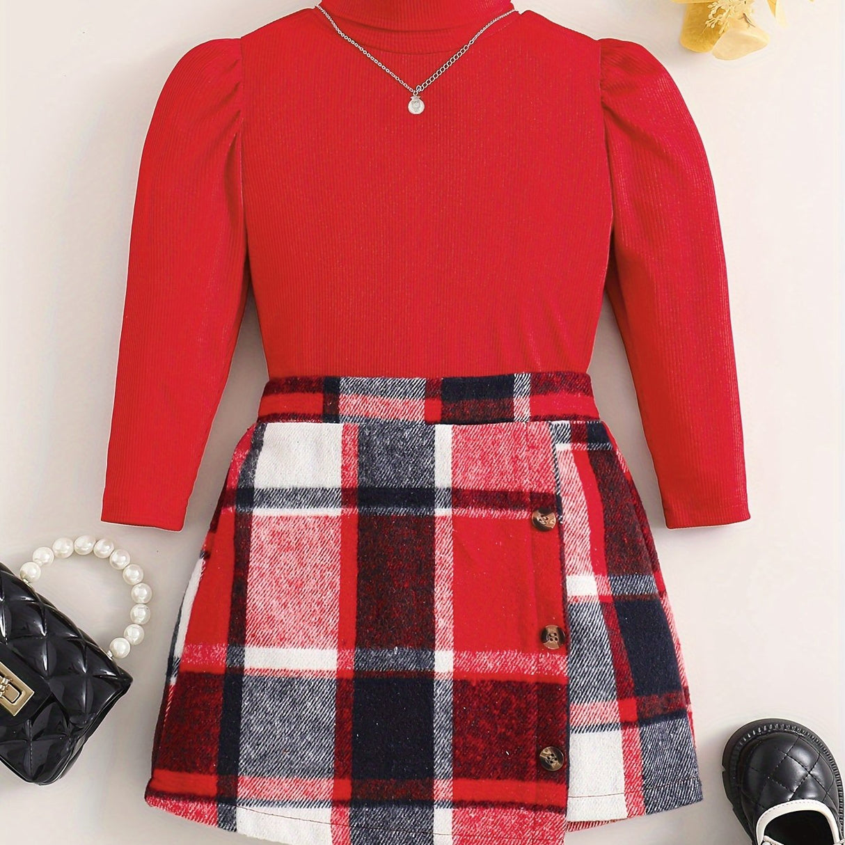 Girl's Elegant 2pcs, Ribbed Long Sleeve Top & Skirt Set, Button Decor Plaid Print Casual Outfits, Kids Clothes For Spring Autumn