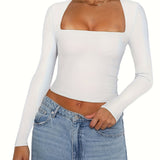 Women's Slim Fit Crop Tops Long Sleeve Square Neck Solid Color T-Shirt Dressy Blouses