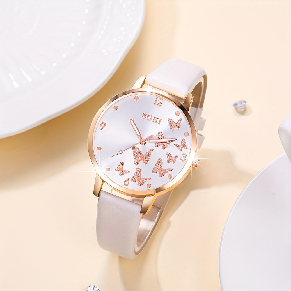 5pcs/set Women's Watch Elegant Butterfly Quartz Watch Analog PU Leather Wrist Watch & Bracelets, Valentines Gift For Her