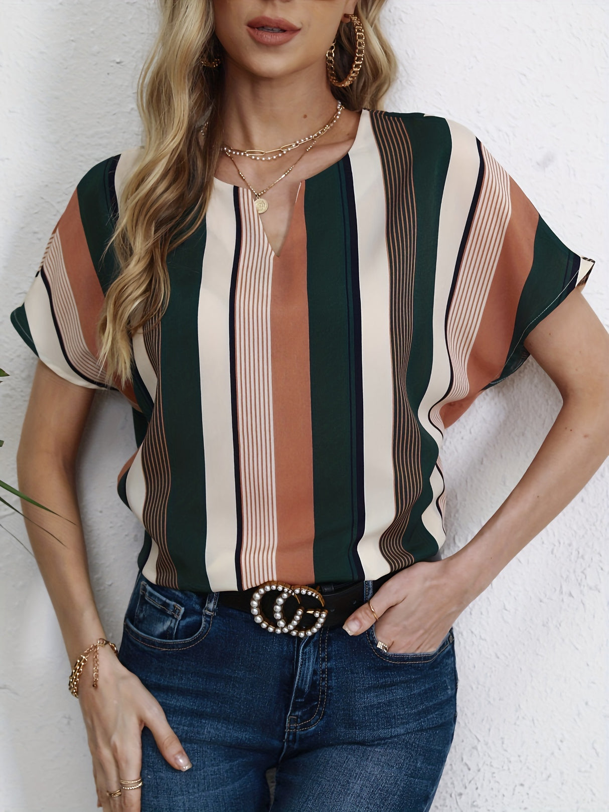 Striped Notched Neck Blouse, Casual Short Sleeve Blouse For Spring & Summer, Women's Clothing