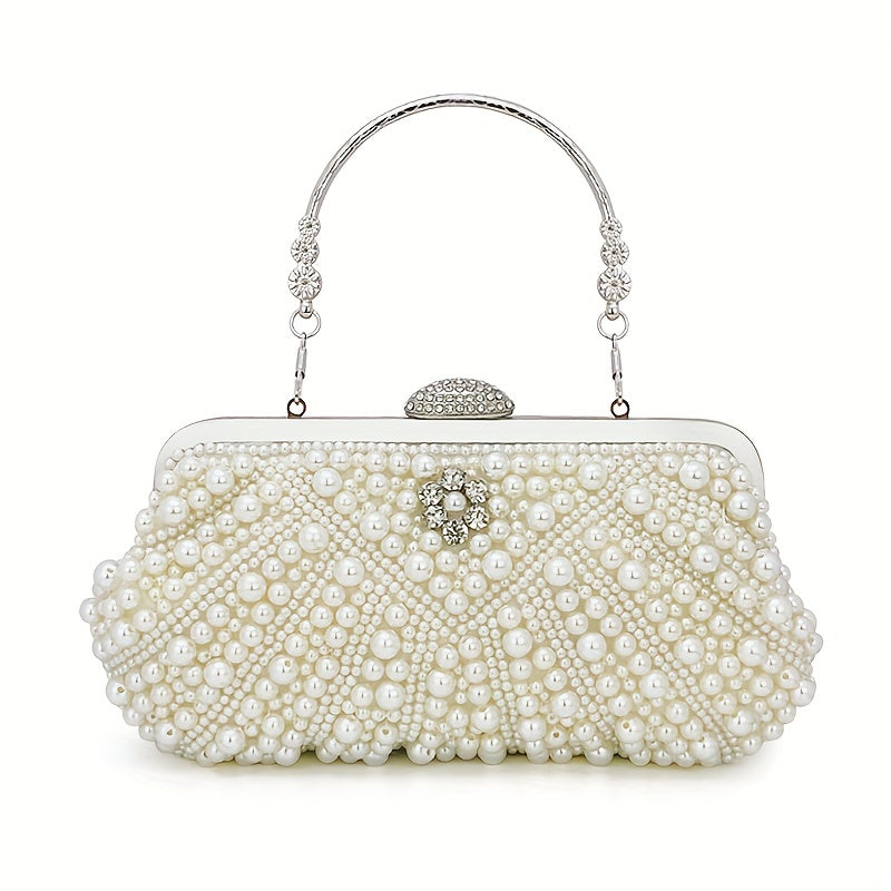 Luxurious Faux Pearl & Diamond Shell Pattern Clutch Bag - Buckle Closure, Metal Chain Strap, Polyester Lining, Solid Color, Party Perfect for Wedding, Evening Events - Elegant and Chic Handbag