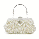 Luxurious Faux Pearl & Diamond Shell Pattern Clutch Bag - Buckle Closure, Metal Chain Strap, Polyester Lining, Solid Color, Party Perfect for Wedding, Evening Events - Elegant and Chic Handbag