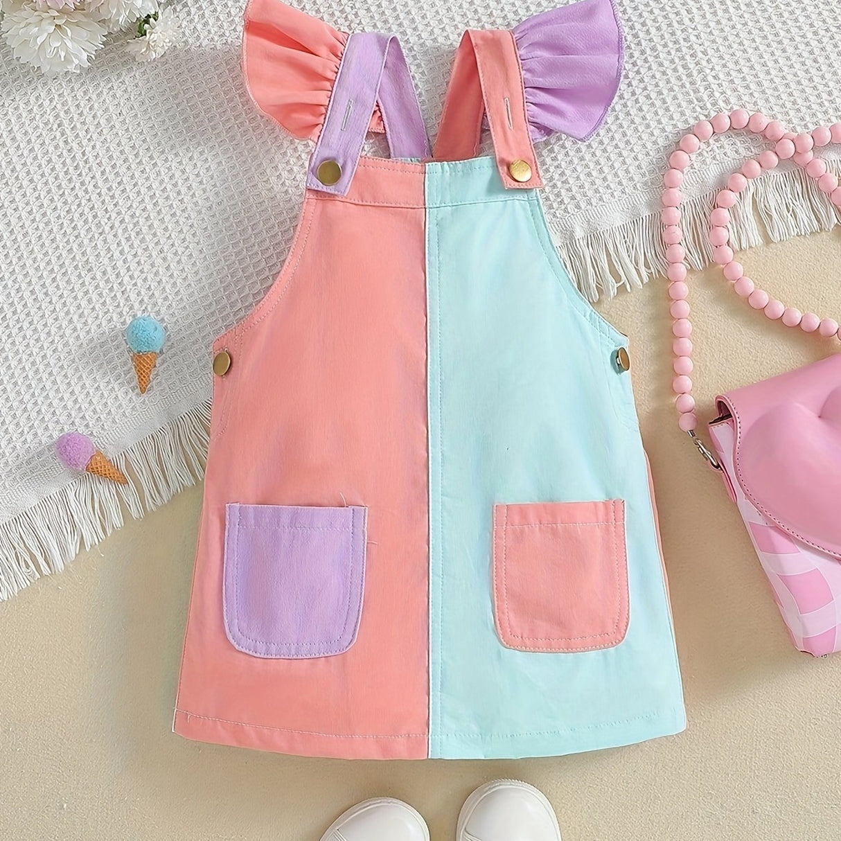 Vibrant Color Block Overall Dress for Little Girls - Soft Cotton, Slight Stretch, Frill Straps, Versatile & Chic Suspender Design, Machine Washable, Perfect Birthday Gift for Summer Casual Wear