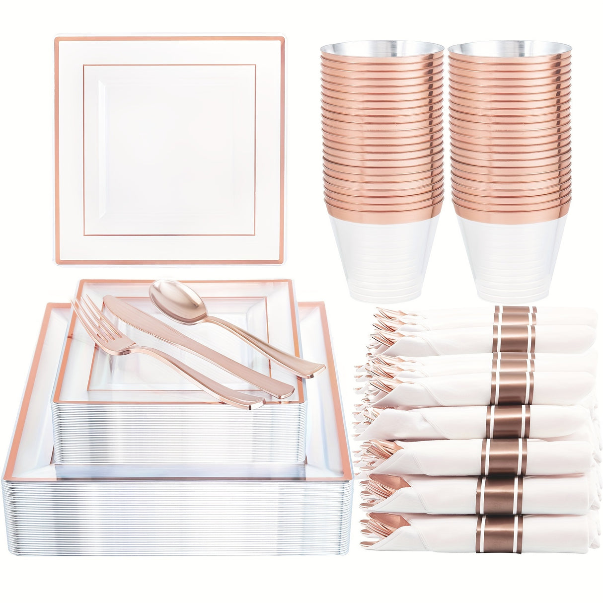 175 PCS Clear Gold Plastic Plates, Gold Plastic Dinnerware Sets Includes: 25 Dinner Plates, 25 Salad Plates, 25 Pre Rolled Napkins with Gold silverware, 25 Cups 9 OZ, Perfect for Wedding and Party (gold/rose gold), Hand washa