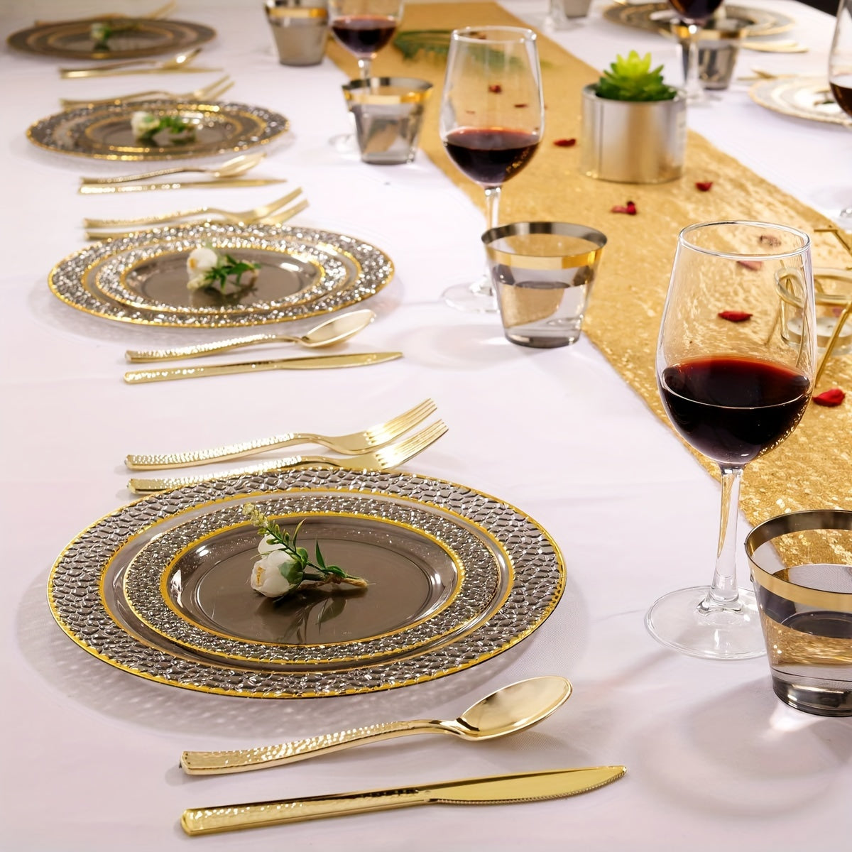 150PCS Clear Black Plastic Plates - Gold Plastic Plates with Gold Plastic Silverware Include: 25Dinner Plates, 25Dessert Plates, 25Cups, 25Forks, 25Knives, 25Spoons for Wedding Party
