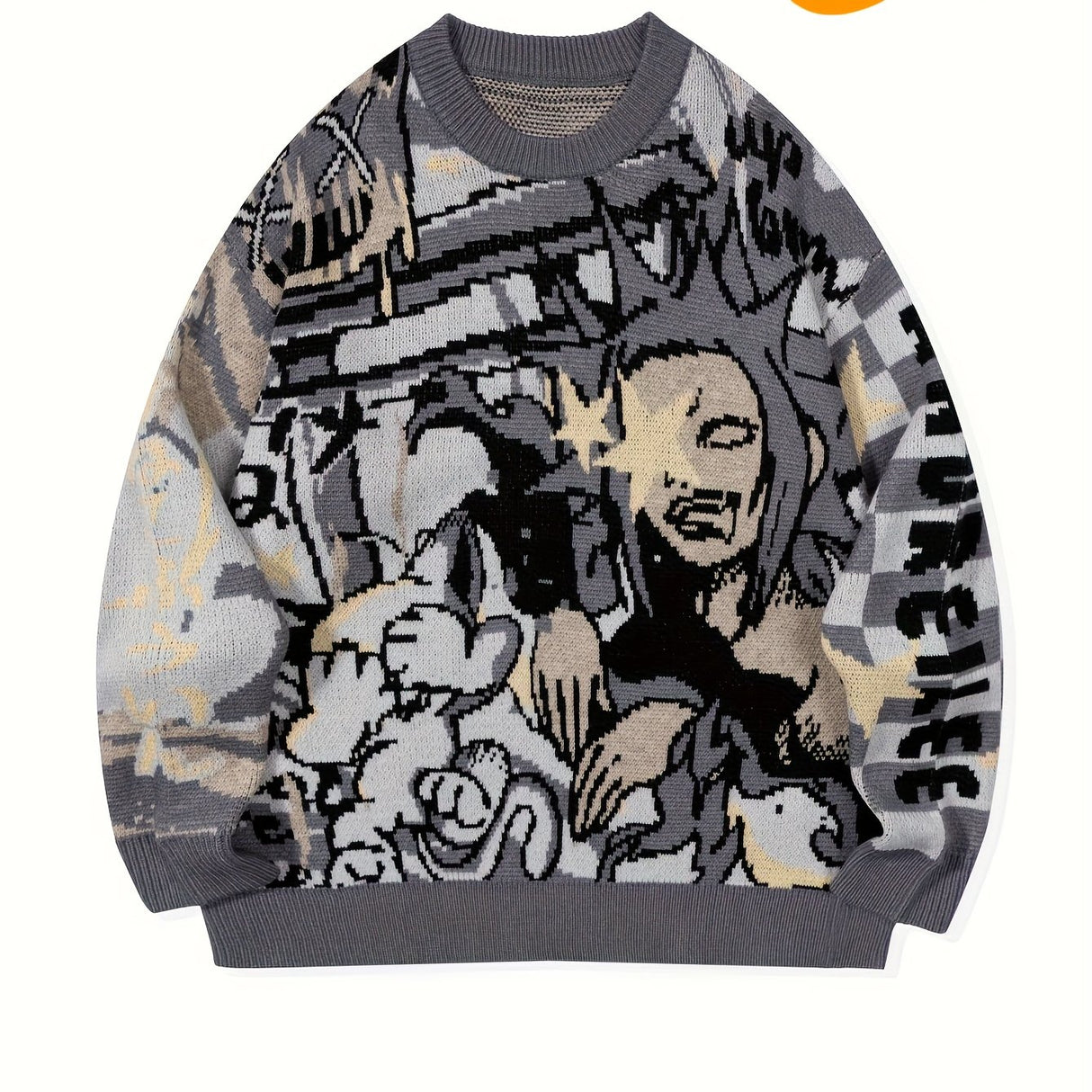 ANDREILEE Street Style Knit Pullover Sweater for Men - Crew Neck, Long Sleeve, Cartoon Pattern, Viscose Blend, Medium Stretch, Regular Fit, Casual Hip-Hop Fall/Winter Knitted Jumper - For Men - Suitable for Fall/Winter - Perf