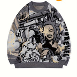 ANDREILEE Street Style Knit Pullover Sweater for Men - Crew Neck, Long Sleeve, Cartoon Pattern, Viscose Blend, Medium Stretch, Regular Fit, Casual Hip-Hop Fall/Winter Knitted Jumper - For Men - Suitable for Fall/Winter - Perf