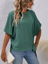 Solid Knotted Blouse, Casual Crew Neck Asymmetrical Blouse, Women's Clothing
