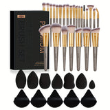 25pcs Professional Makeup Brush Set&7pcs Multi-Functional Beauty Blender&5pcs Dry Use Triangle Powder Puff, Blush Brush, Makeup Tools With Soft Fiber For Easy Carrying, Foundation Brush, Eye Shadow Brush, Eyebrow Brush, Brush