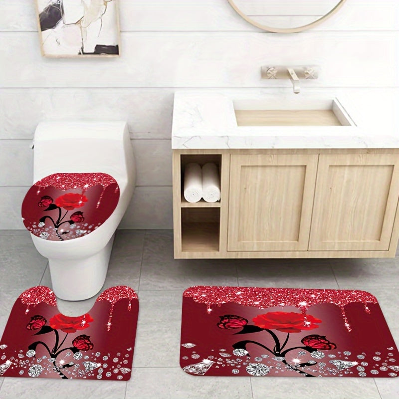 1/3/4pcs Diamond Butterfly Rose Pattern Shower Curtain Set - Waterproof, Non-Slip, Decorative Bathroom Essentials with Bath Mat, Toilet Cover Pad, U-Shaped Mat, and Hooks - Complete Home Bathroom Decor Solution