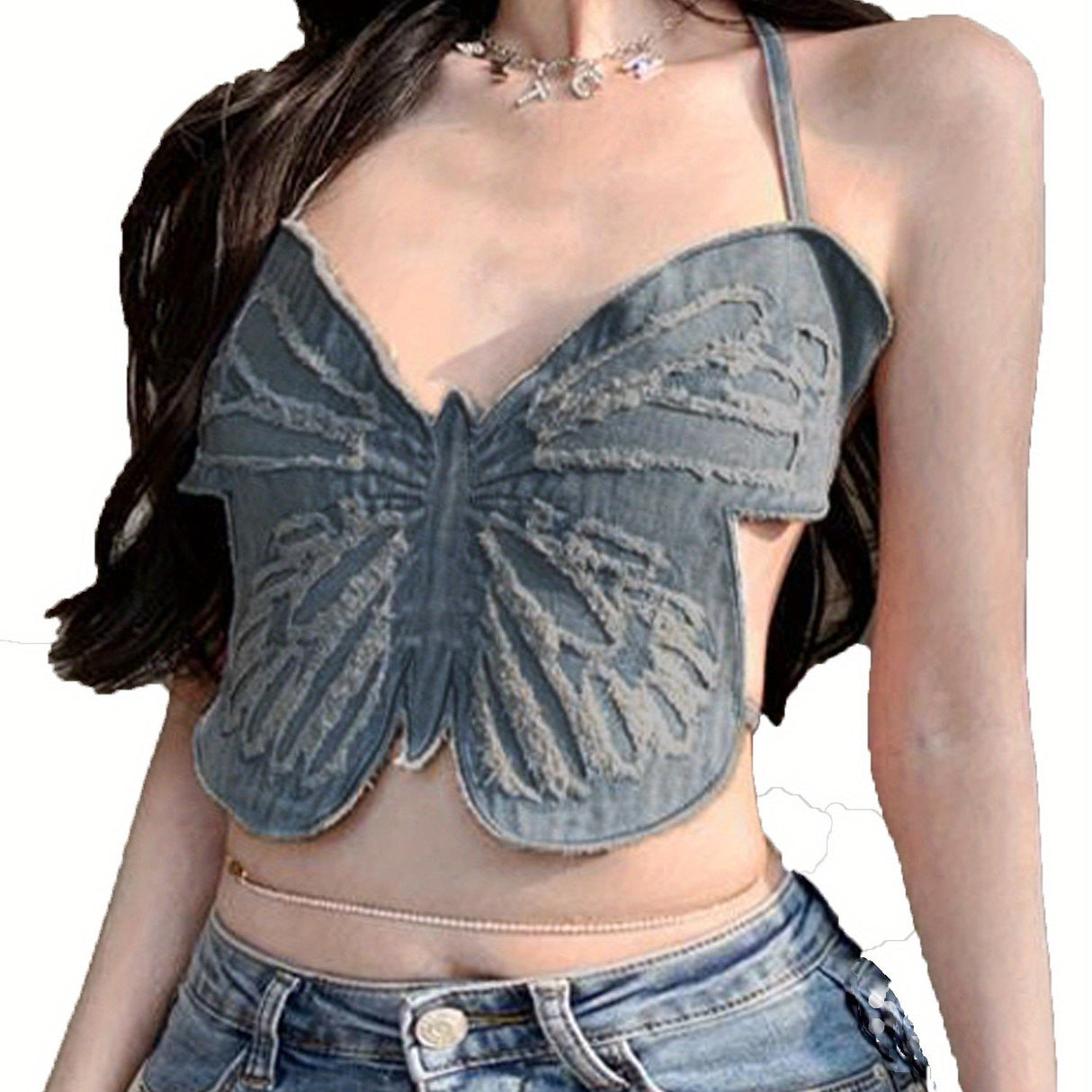 Women Summer Denim Tank Tops, Fashion 3D Butterfly Shaped Halter Neck Sleeveless Self Tie Backless Crop Tops