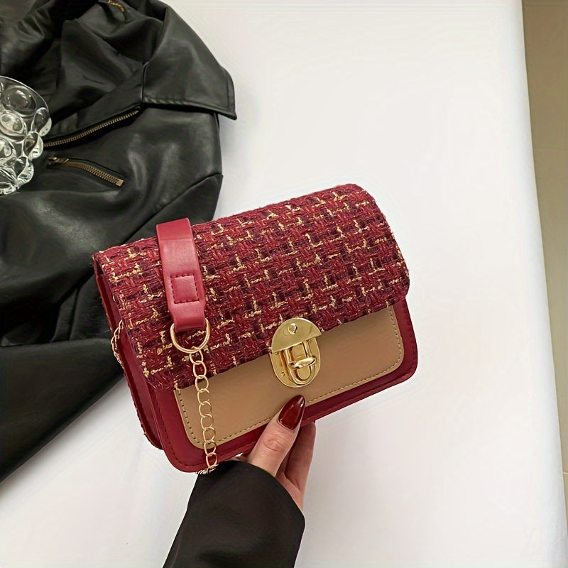 Fashion Tweed Chain Crossbody Bag, Mini Chain Square Purse, Trendy Turn Lock Shoulder Bag For Women