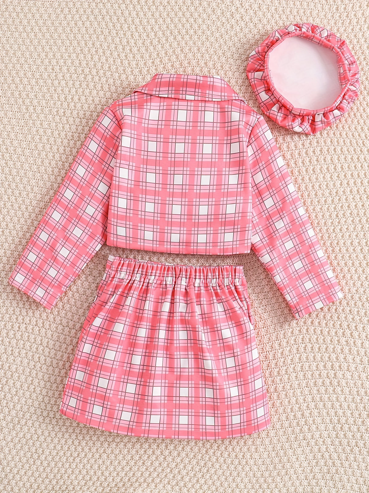 Girl's Trendy 4pcs, Long Sleeve Blazer & Beret Hat & Camisole & Skirt Set, Plaid Print Casual Outfits, Kids Clothes For Spring Summer
