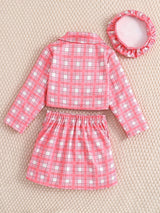 Girl's Trendy 4pcs, Long Sleeve Blazer & Beret Hat & Camisole & Skirt Set, Plaid Print Casual Outfits, Kids Clothes For Spring Summer