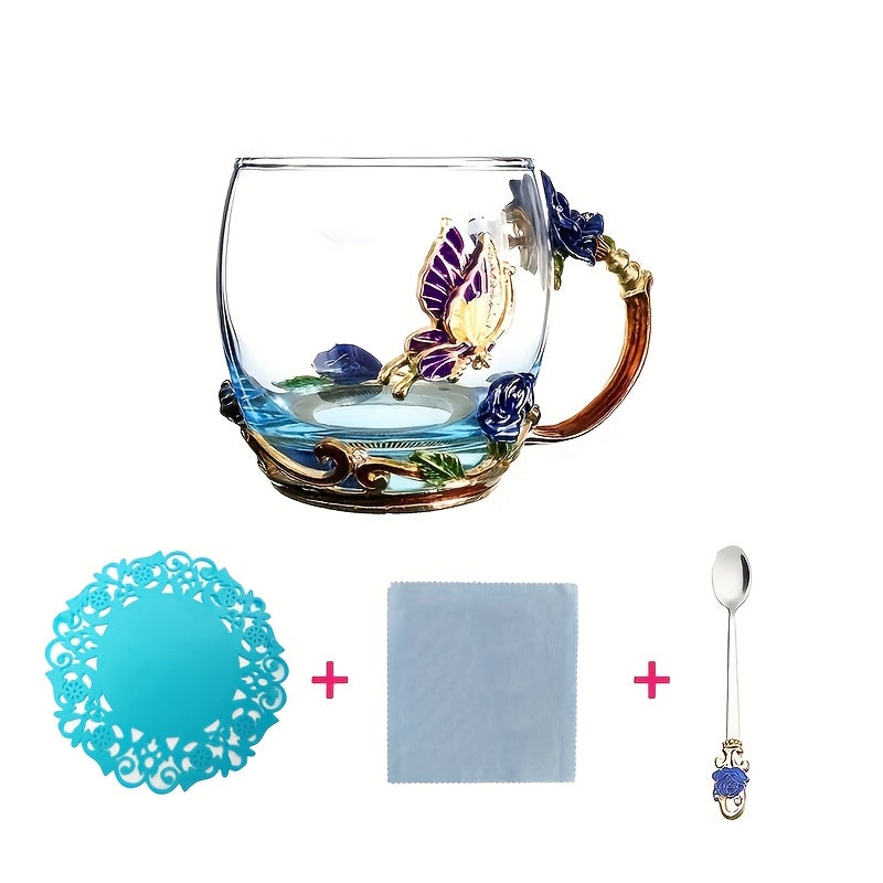 Set, Elegant Flower Pattern Tea Cup With Coaster And Spoon, 350ml/11.8oz Clear Glass Coffee Mug Set - Coffee Cups, Water Cups - For Summer & Winter - Suitable for Home & Office - Perfect Gift for Birthday