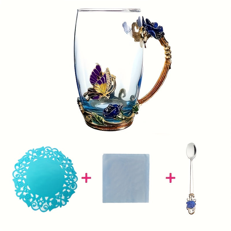 Set, Elegant Flower Pattern Tea Cup With Coaster And Spoon, 350ml/11.8oz Clear Glass Coffee Mug Set - Coffee Cups, Water Cups - For Summer & Winter - Suitable for Home & Office - Perfect Gift for Birthday