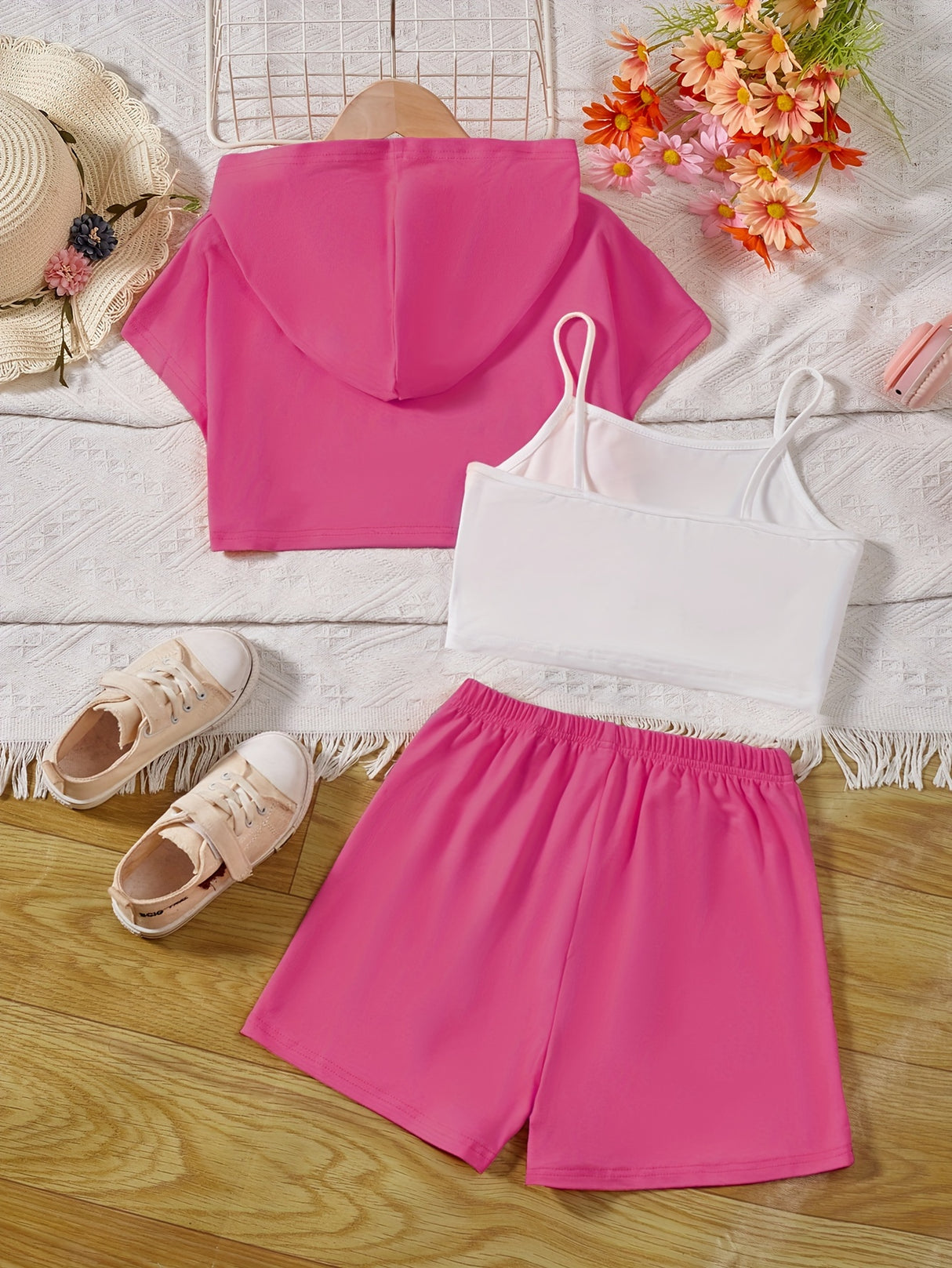 Girl's Stylish 3pcs, Hooded T-shirt & Camisole & Shorts Set, CALIFORNIA Patched Short Sleeve Top, Casual Outfits, Kids Clothes For Summer