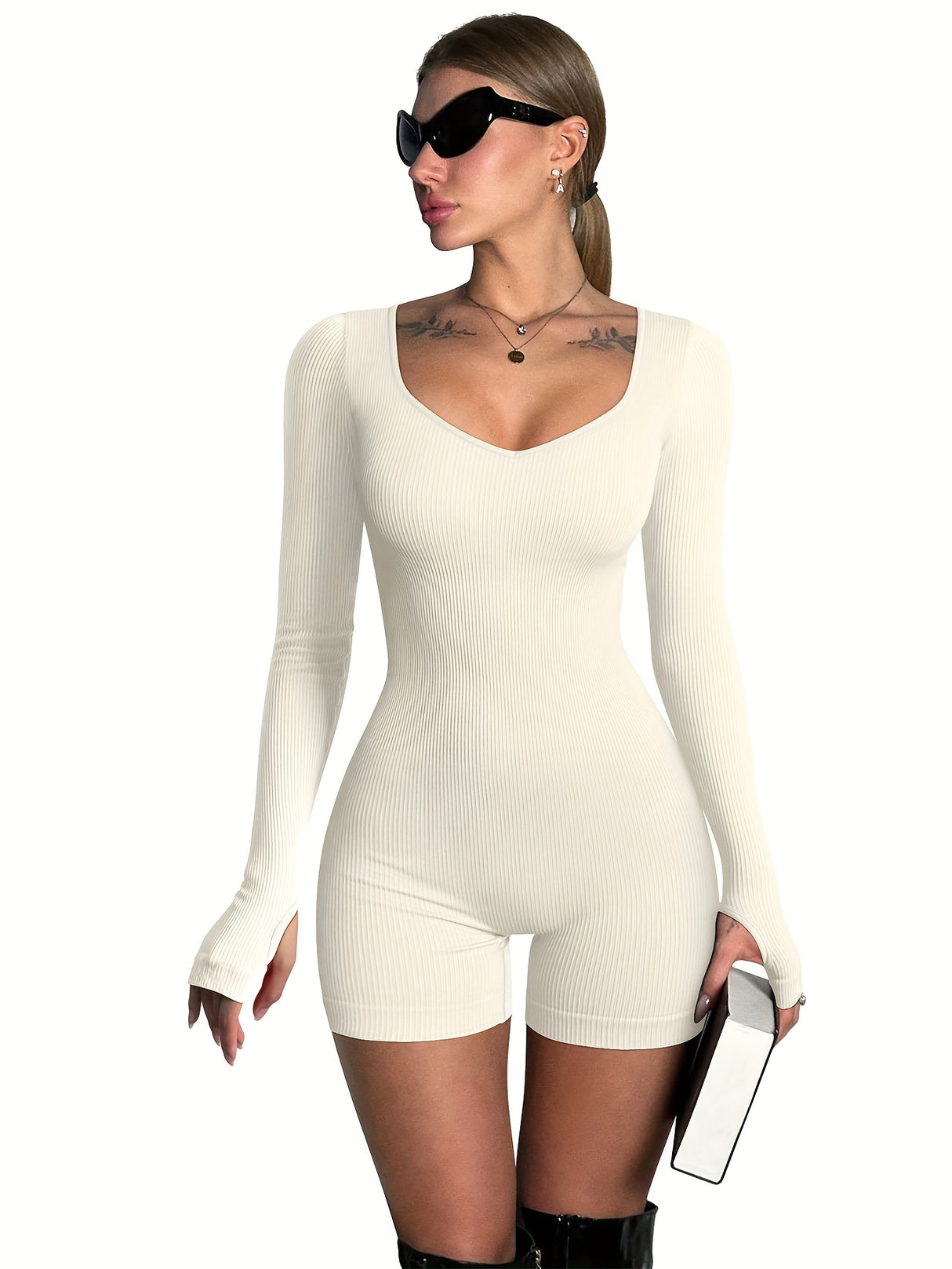 OQQ Women Yoga Rompers Ribbed Workout Long Sleeve Sweetheart V Neck Sport Jumpsuits Rompers