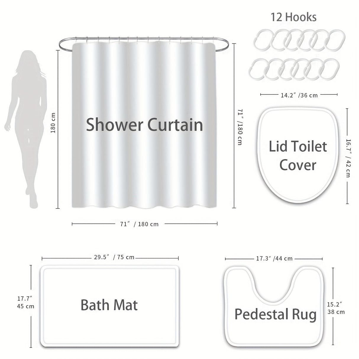 1/4pcs Deluxe Bathroom Essentials Set - Waterproof Shower Curtain with 12 Hooks, Non-Slip Bath Rug, U-Shape Mat, Toilet Lid Cover Pad - Complete Bathroom Accessories and Home Decor Solution