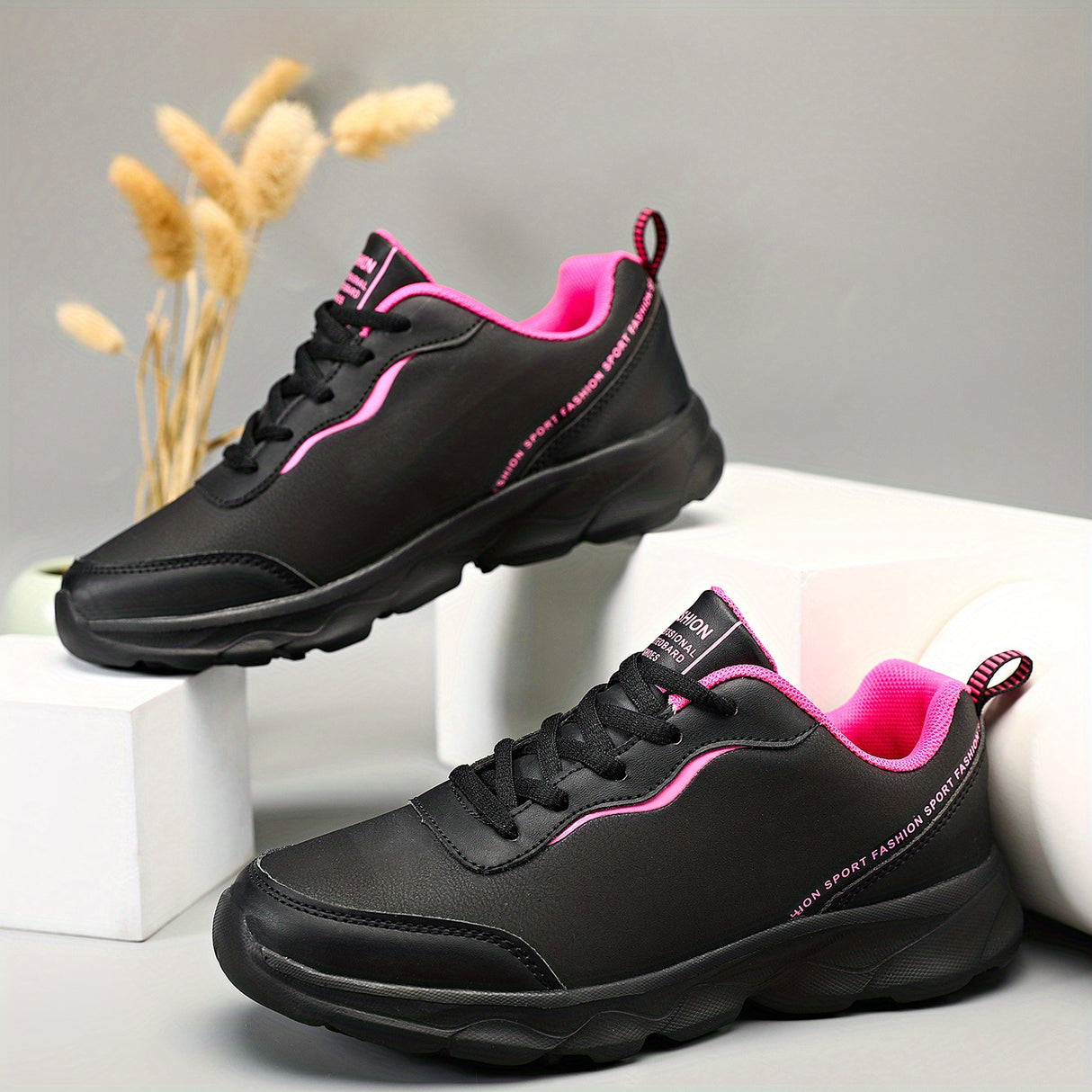 Women's Black Non-slip Sneakers, Casual Lace Up Faux Leather Running Shoes, Lightweight Outdoor Jogging Shoes