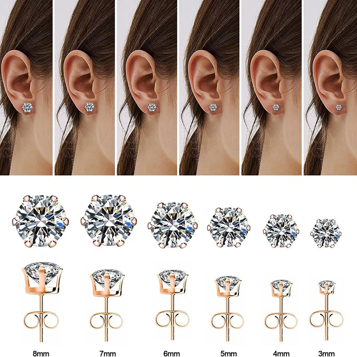 Sparkling Stainless Steel 6-Prong zirconia Stud Earrings Hypoallergenic Daily Decor Earrings 18K Gold Plated Ear Bone Buckle Jewelry