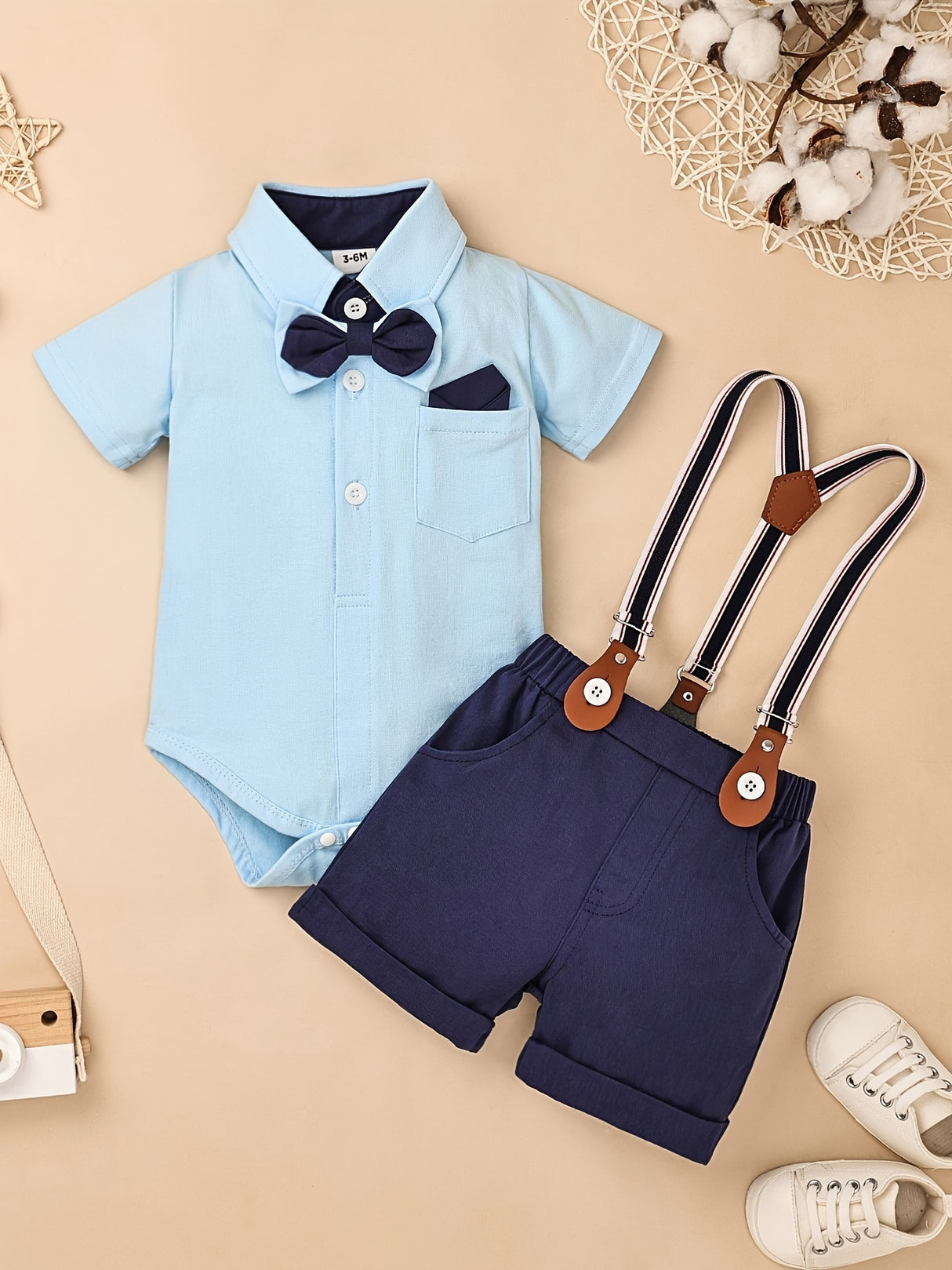 Baby Boy Clothes Infant Little Gentleman Romper + Strap Pants + Bowtie 3pcs Outfits 0-18 Months