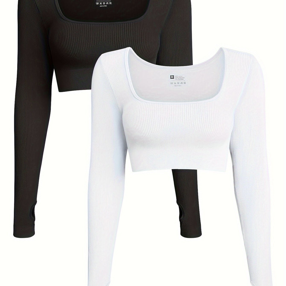 OQQ Women's 2 Piece Crop Top Ribbed Seamless Workout Exercise Long Sleeve Crop Tops