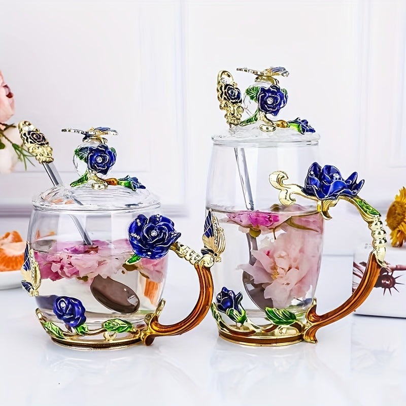1pc, Exquisite Rose Enamel Butterfly Tea Cup - Heat Resistant, Clear Glass, Painted Flower Design, Elegant Coffee Mug, Tumbler, Ideal Breakfast Drinking Glass, Perfect Gift for Tea Lovers