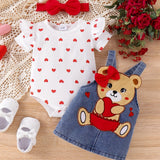Baby Girl Outfit Summer Cute Strap Dress Set Headknot + Love Printed Climbing Clothes + Cowboy Bear Embroidered Strap Dress Three Piece Set With 0-18 Months, for Outdoor