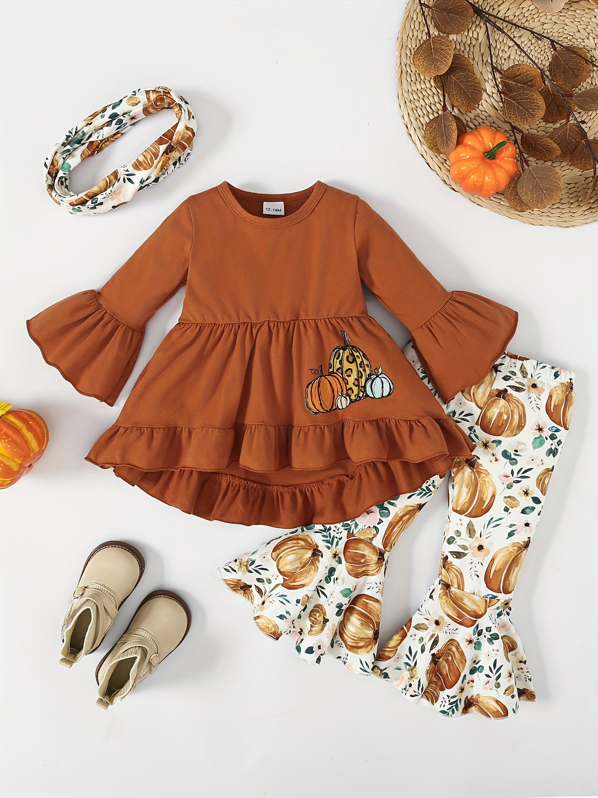 Girls 3pcs Ruffle Top & Elastic Waist Flared Pants & Scarf Set BOO Ghost Print Long Sleeve Pullover Top Halloween Style Casual Kids Clothes Spring Fall