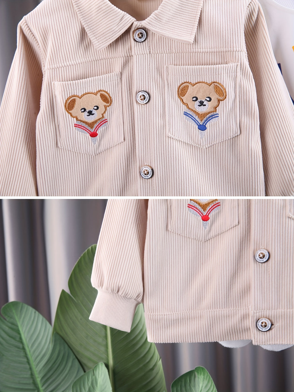 2pcs Toddler Boys Stylish Corduroy Outfit Set - Comfortable Casual Sportswear with Adorable Embroidered Bear Design, Complete Coat and Pants - Perfect for Spring and Autumn, Beige