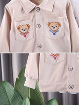 2pcs Toddler Boys Stylish Corduroy Outfit Set - Comfortable Casual Sportswear with Adorable Embroidered Bear Design, Complete Coat and Pants - Perfect for Spring and Autumn, Beige