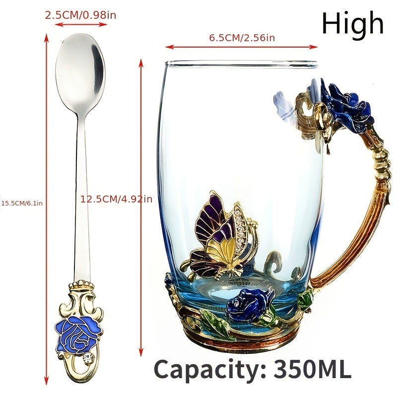 1pc Delicate Rose Enamel Butterfly Painted Clear Glass Tea Cup Coffee Mug Tumbler with Spoon Set - Lead-Free, Reusable, Hand Wash Only, Round Shape, Multipurpose, Perfect for Valentines Day Gift