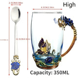 1pc Delicate Rose Enamel Butterfly Painted Clear Glass Tea Cup Coffee Mug Tumbler with Spoon Set - Lead-Free, Reusable, Hand Wash Only, Round Shape, Multipurpose, Perfect for Valentines Day Gift