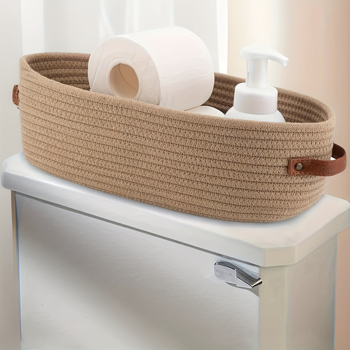 1pc Woven Storage Basket with Handle, Multifunctional Desktop Storage Box, Toilet Paper Storage Box On Top Of Toilet Top, double handle desktop home organizer - perfect bathroom essentials